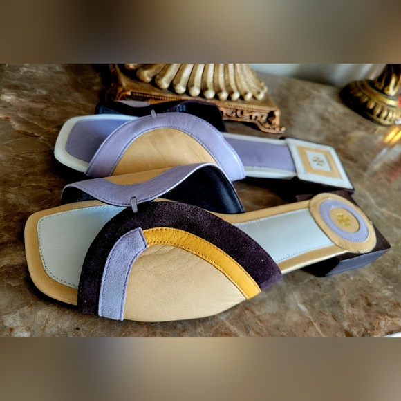 Tory Burch Marquetry Nappa Leather/Suede Mules Slides Abstract Tan/Peachy US 9 - Picture 15 of 16